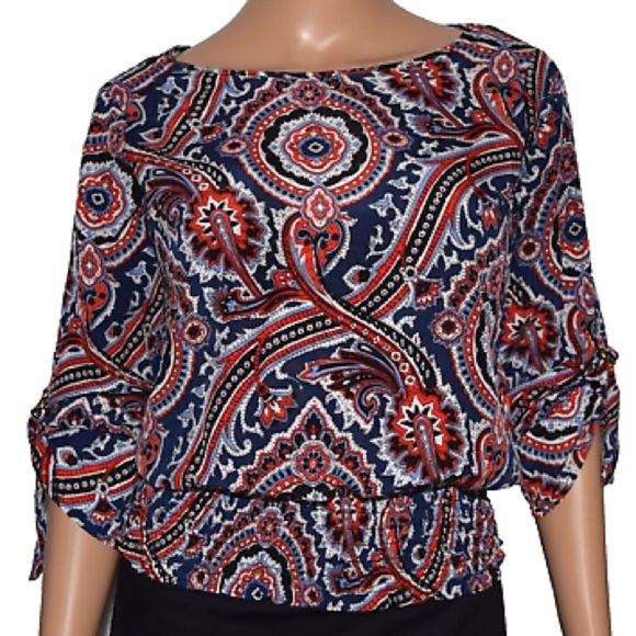 Michael Kors Multicolor Paisley Roll Tab Sleeve Smocked Blouse, Size Large - Picture 1 of 16